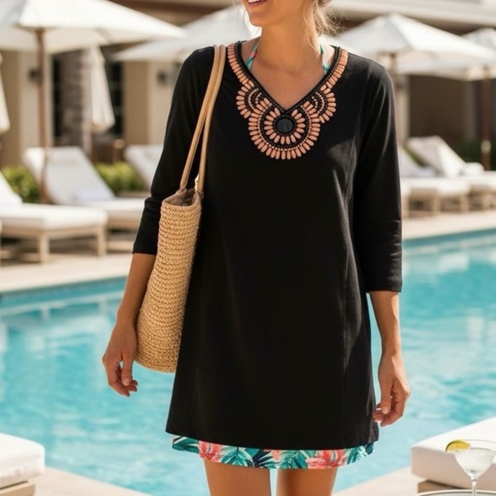 LINEA by Louis Dell’Olio Black w Wooden Beads Tunic, Swim Cover or Mini Dress M